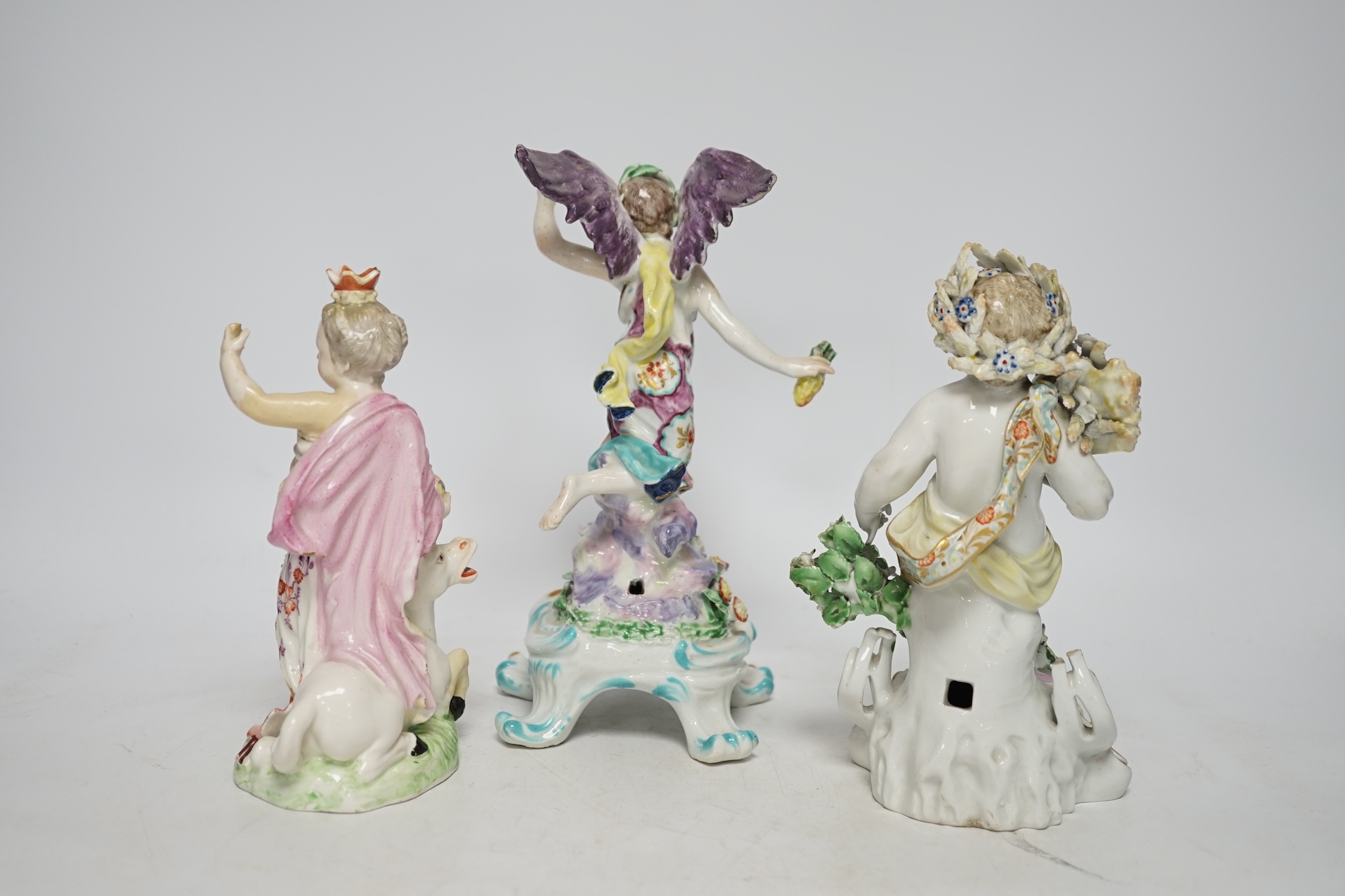 A Bow porcelain figure of Fame, c.1760-5 and two Derby figures emblematic of Europe and Autumn, c.1760-70, tallest 21cm (3)